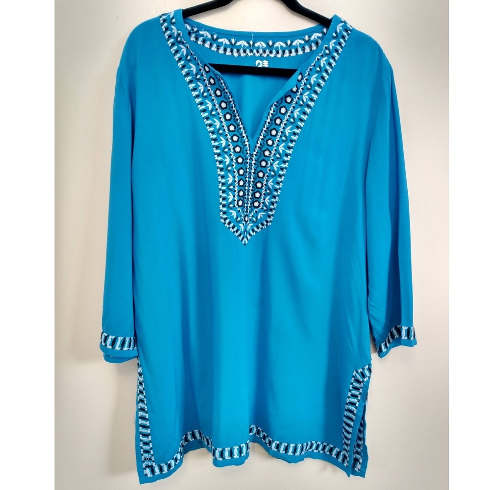RELAXED Lightweight Resort Wear Embroidered V-Neck Tunic Top Princess Cruises XL